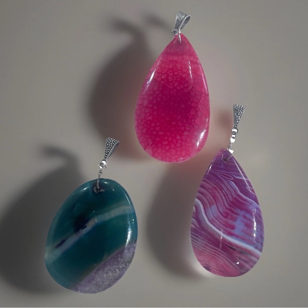 Handmade Stone Pendants Tear-Drop Shapes Artesian Art-to-Wear 3pcs Natural BOHO